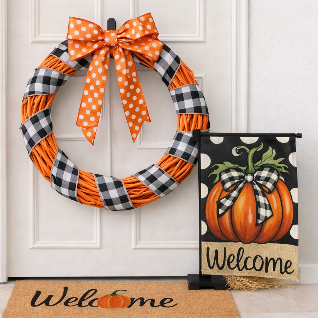 Fall Pumpkin door decor set with wreath garden flag and doormat