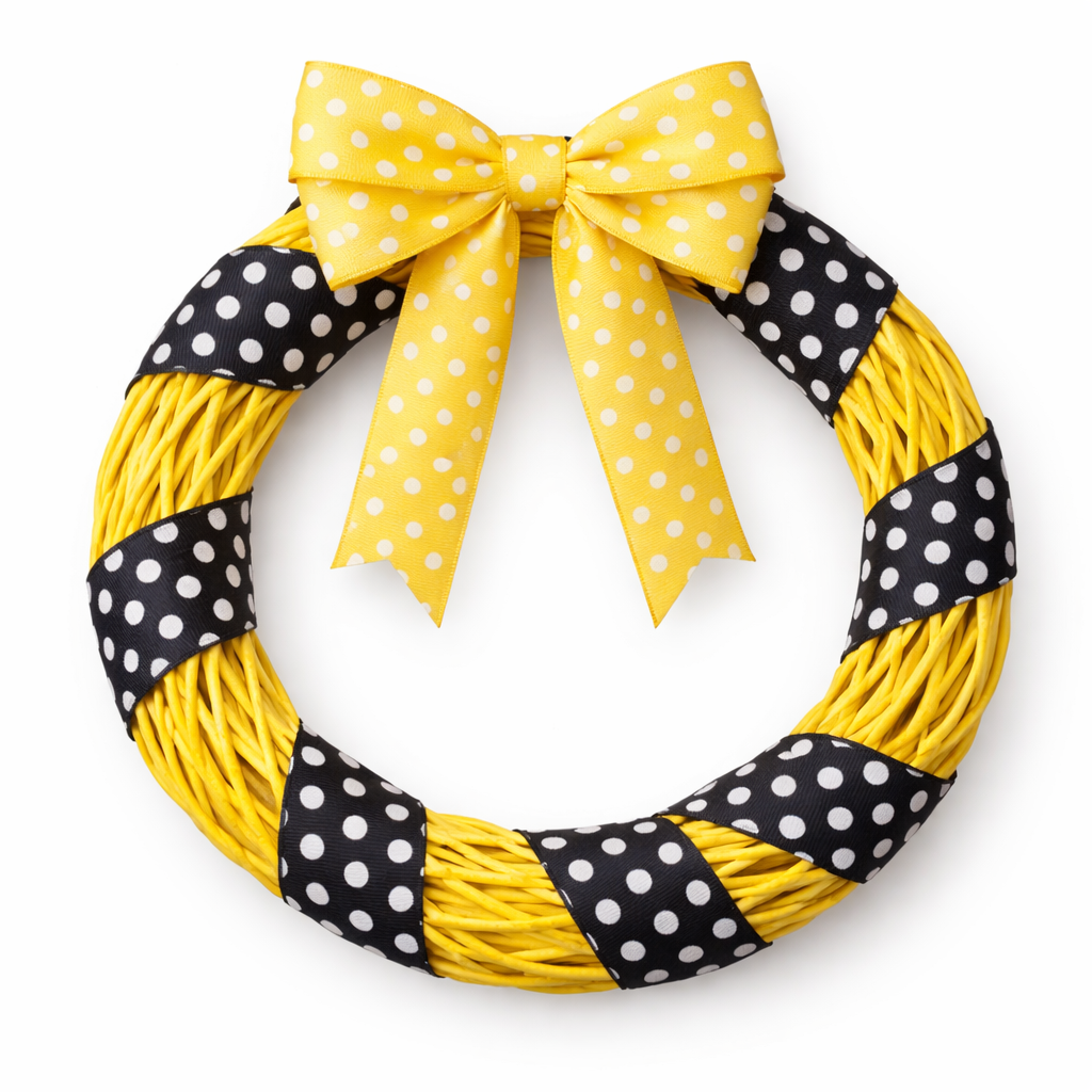 Seasonal Wreath - Bright Summer Wreath, Yellow and Black & White Dot Ribbons